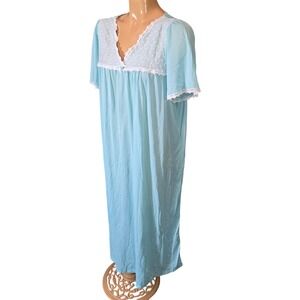 Fundamentals Womens Nightgown Aqua Blue 1X Lace Trim V-Neck Maxi Vintage